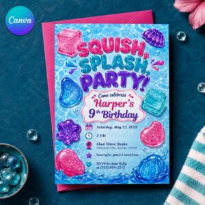 Squish and Splash Birthday Invitation, Sensory Water Party for Girls, Colorful 9th Birthday Invite, Editable Canva Template