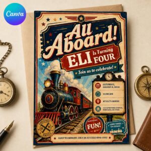 Train Birthday Invitation, All Aboard 4th Birthday Party, Vintage Railroad Boy Invite, Editable Canva Template