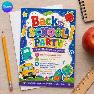 Back to School Party Invitation, Colorful School Bus Kickoff Invite, Editable Canva Template