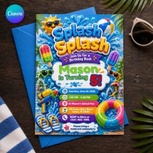 Splash Pad Birthday Invitation, Splish Splash Water Party Invite for Kids, Editable Canva Template