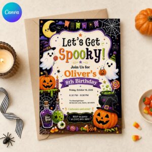 Halloween Birthday Invitation, Cute Ghost Pumpkin Spooky Party Invite for Kids, Editable Canva Template