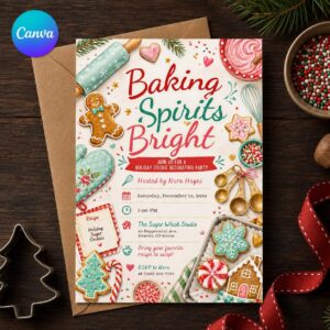 Christmas Cookie Decorating Party Invitation, Baking Spirits Bright Holiday Invite, Editable Printable Canva Template