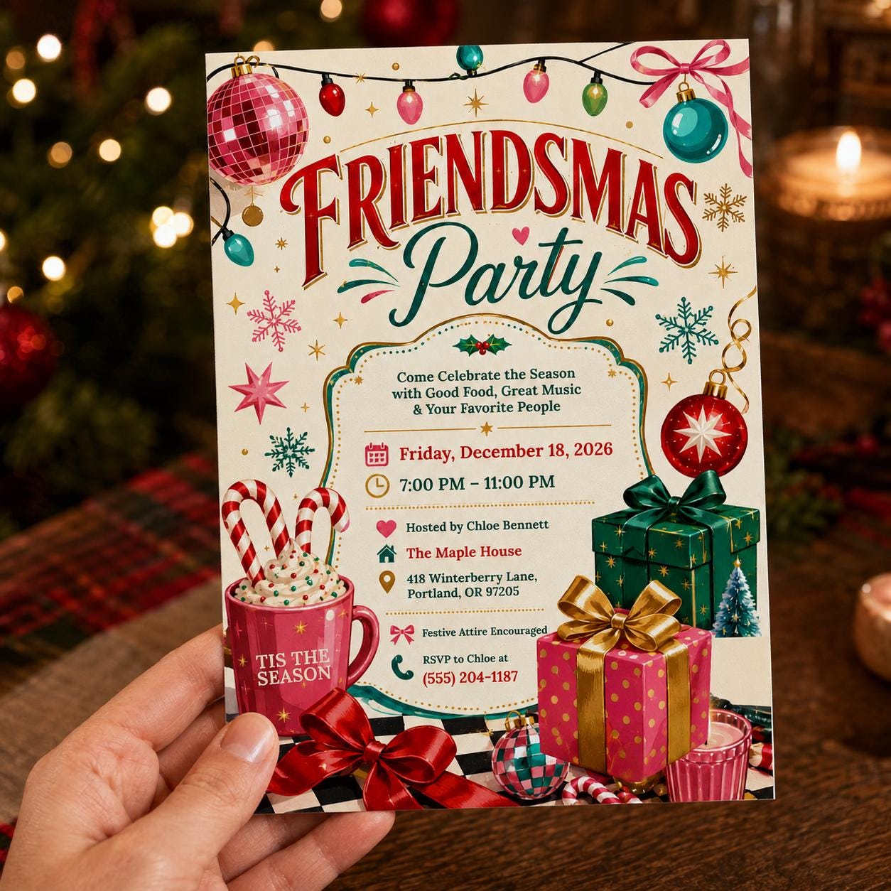 Friendsmas Party Invitation, Retro Christmas Holiday Party Invite, Editable Printable Canva Template - Image 3