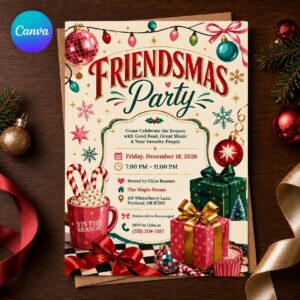 Friendsmas Party Invitation, Retro Christmas Holiday Party Invite, Editable Printable Canva Template