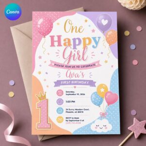 One Happy Girl First Birthday Invitation, Pastel Balloon Girl 1st Birthday Invite, Editable Printable Canva Template