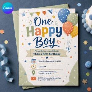 One Happy Boy First Birthday Invitation, Pastel Balloon Boy 1st Birthday Invite, Editable Printable Canva Template