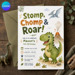 Dinosaur 4th Birthday Invitation, Stomp Chomp Roar T Rex Party, Watercolor Boy Invite, Editable Canva Template