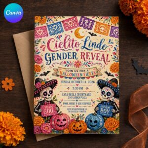 Cielito Lindo Gender Reveal Invitation, Mexican Halloween Fiesta, Papel Picado Sugar Skull Party, Editable Canva Template