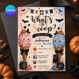 Halloween Gender Reveal Invitation, What's the Scoop Ice Cream Party, Pink or Blue Baby Reveal, Editable Canva Template