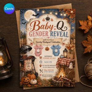 Baby Q Gender Reveal Invitation, Spooky Backyard BBQ Halloween Party Invite, Editable Canva Template