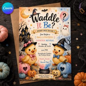Waddle It Be Gender Reveal Invitation, Halloween Duck Pink or Blue Party Invite, Editable Canva Template