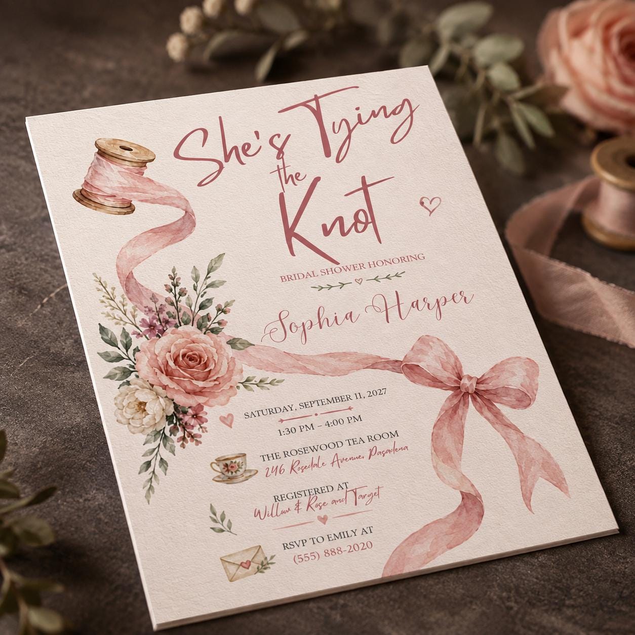 Tying the Knot Bridal Shower Invitation, Pink Bow Floral Tea Party Invite, Editable Canva Template - Image 6