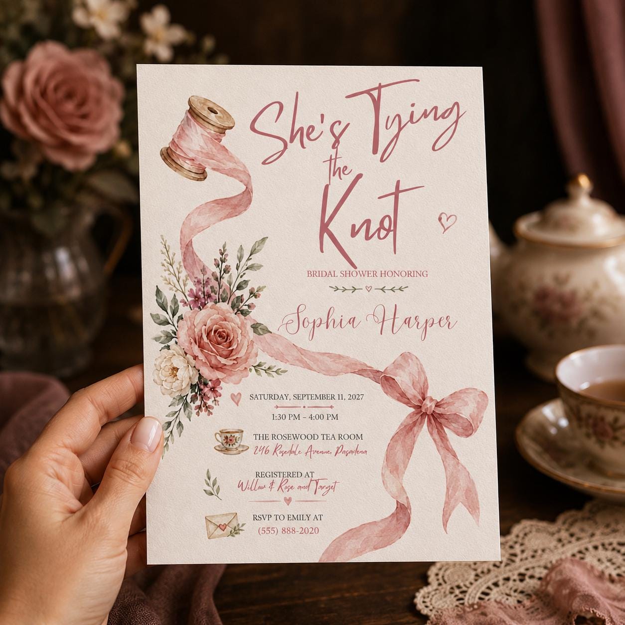 Tying the Knot Bridal Shower Invitation, Pink Bow Floral Tea Party Invite, Editable Canva Template - Image 4