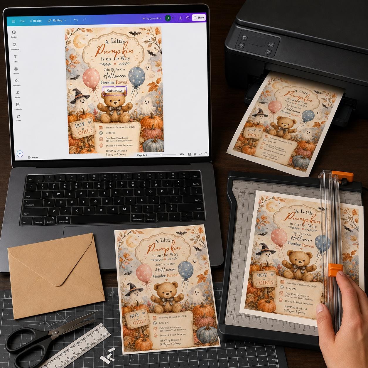 Halloween Gender Reveal Invitation, Teddy Bear Little Pumpkin Boy or Girl Party Invite, Editable Canva Template - Image 3