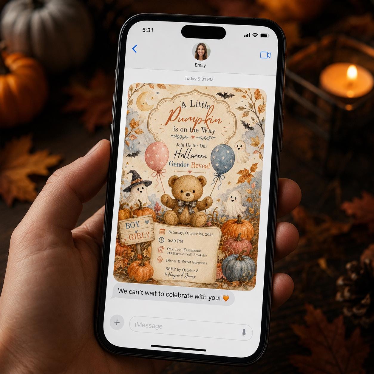 Halloween Gender Reveal Invitation, Teddy Bear Little Pumpkin Boy or Girl Party Invite, Editable Canva Template - Image 5