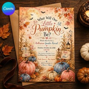 Halloween Gender Reveal Invitation, Little Pumpkin Pink or Blue Fall Party Invite, Editable Canva Template