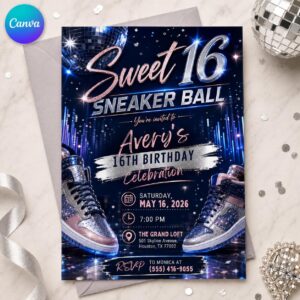 Sweet 16 Sneaker Ball Invitation, Navy Rose Gold Birthday Party, Teen Girl Editable Invite, Canva Template