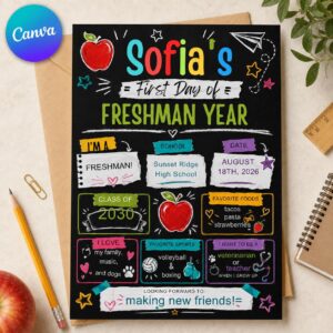 First Day of Freshman Year Sign, High School Chalkboard Photo Prop, Class of 2030 Printable, Editable Canva Template