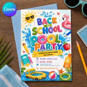Back to School Pool Party Invitation, End of Summer Splash Bash, Kids Printable Invite, Editable Canva Template