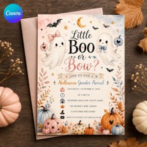 Little Boo or Bow Gender Reveal Invitation, Cute Ghost Halloween Party Invite, Editable Printable Canva Template