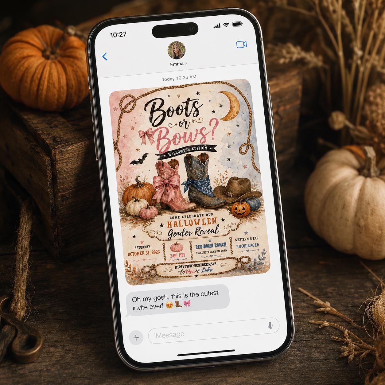 Boots or Bows Halloween Gender Reveal Invitation, Western Cowboy Pumpkin Party Invite, Editable Printable Canva Template - Image 4