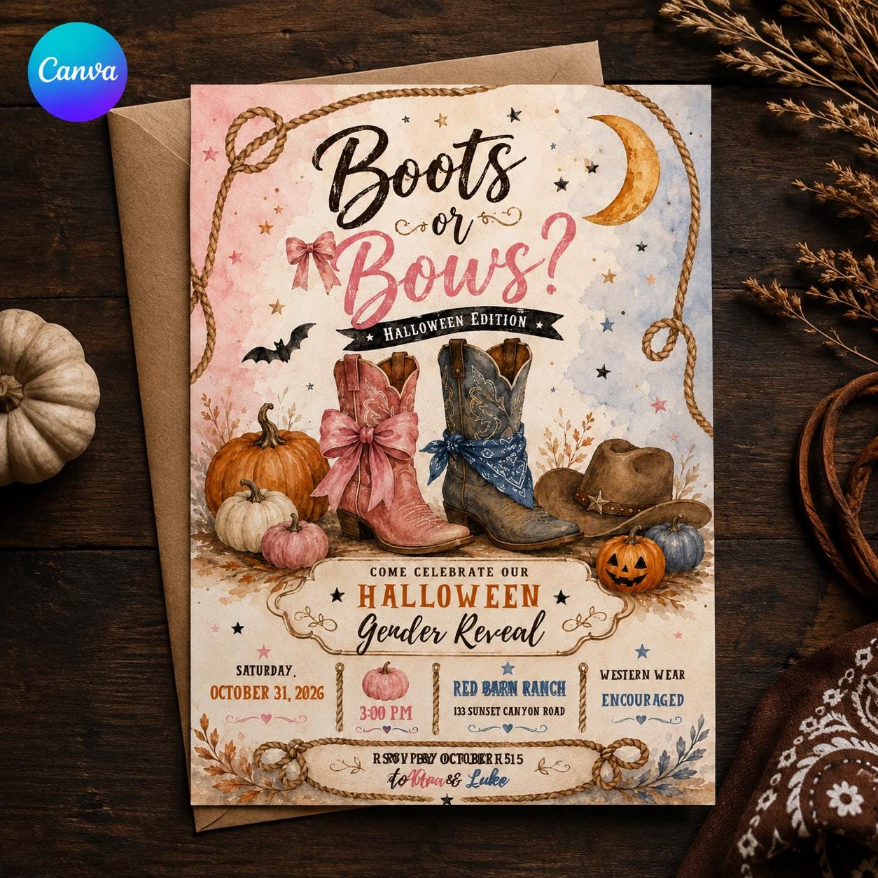 Boots or Bows Halloween Gender Reveal Invitation, Western Cowboy Pumpkin Party Invite, Editable Printable Canva Template