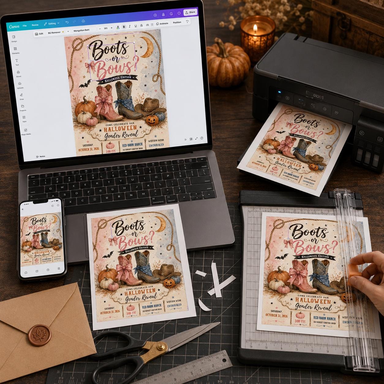 Boots or Bows Halloween Gender Reveal Invitation, Western Cowboy Pumpkin Party Invite, Editable Printable Canva Template - Image 6