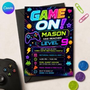 Video Game Birthday Invitation, Neon Level 9 Gamer Party Invite, Editable Printable Canva Template