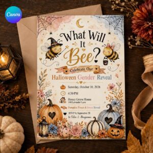 Halloween Bee Gender Reveal Invitation, What Will It Bee Pink Blue Pumpkin Invite, Editable Printable Canva Template