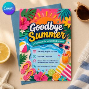 Goodbye Summer Party Invitation, Tropical End of Summer Pool Party Invite, Editable Canva Template