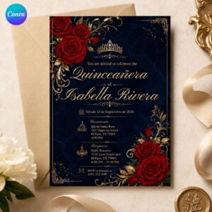 Quinceañera Invitation in Spanish, Navy Blue Red Roses Sweet 15 Party Invite, Editable Canva Template