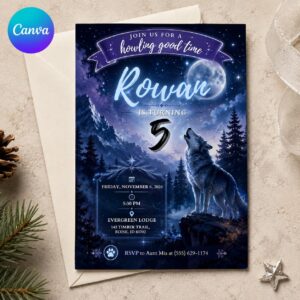 Wolf Birthday Invitation, Howling Wolf Night Sky Party Invite for Boys, 5th Birthday Editable Canva Template