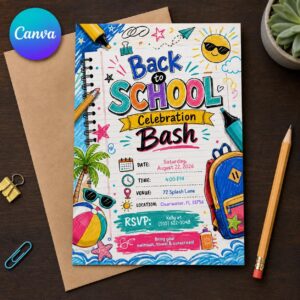 End of Summer Back to School Invitation, Colorful Beach Celebration Bash, Editable Printable Canva Template