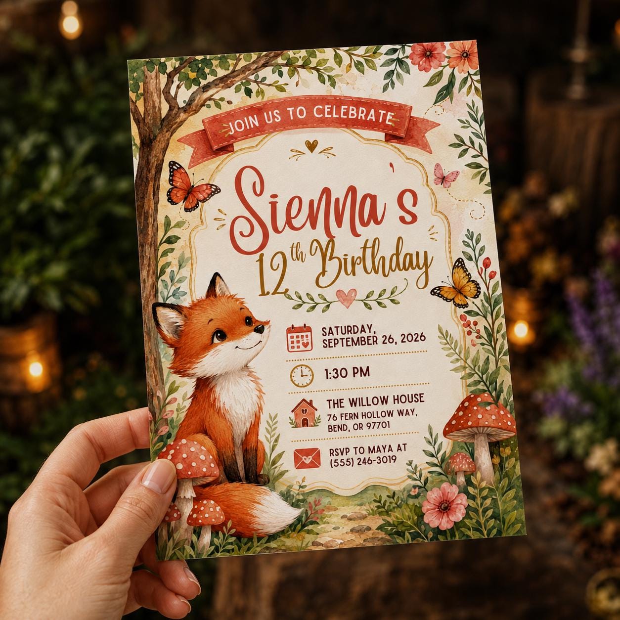 Woodland Fox Birthday Invitation, Cute Forest Animal 12th Birthday Invite, Editable Printable Canva Template - Image 4