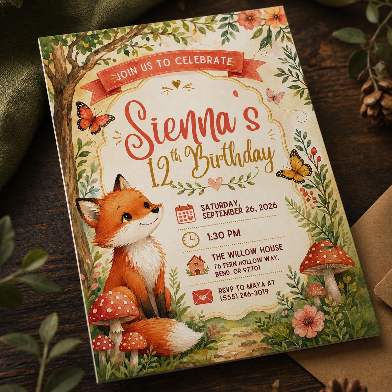 Woodland Fox Birthday Invitation, Cute Forest Animal 12th Birthday Invite, Editable Printable Canva Template - Image 6