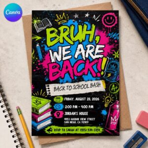 Neon Back to School Bash Invitation, Graffiti Welcome Back Party Invite, Editable Printable Canva Template