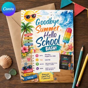 Back to School Pool Party Invitation, Goodbye Summer Hello School Bash, Editable Printable Canva Template