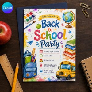 Back to School Party Invitation, Watercolor School Bus Backpack Invite, Kids Welcome Back Bash, Editable Canva Template