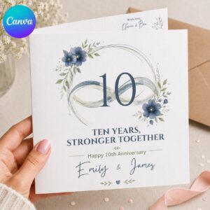 10th Anniversary Greeting Card Printable, Editable 10 Year Wedding Anniversary Card for Couple, Blue Floral Canva Template