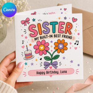 Sister Birthday Greeting Card, Built-In Best Friend Printable, Colorful Editable Folded Card for Sister Canva Template