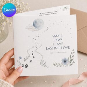Pet Loss Sympathy Greeting Card, Paw Print Memorial for Dog or Cat, Blue Floral Printable Editable Card Canva Template