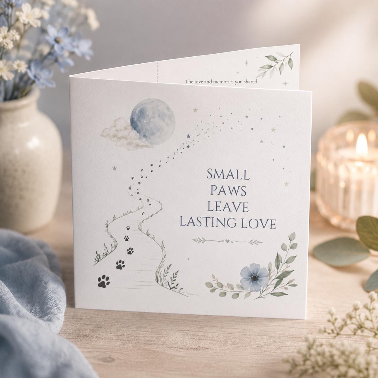 Pet Loss Sympathy Greeting Card, Paw Print Memorial for Dog or Cat, Blue Floral Printable Editable Card Canva Template - Image 6