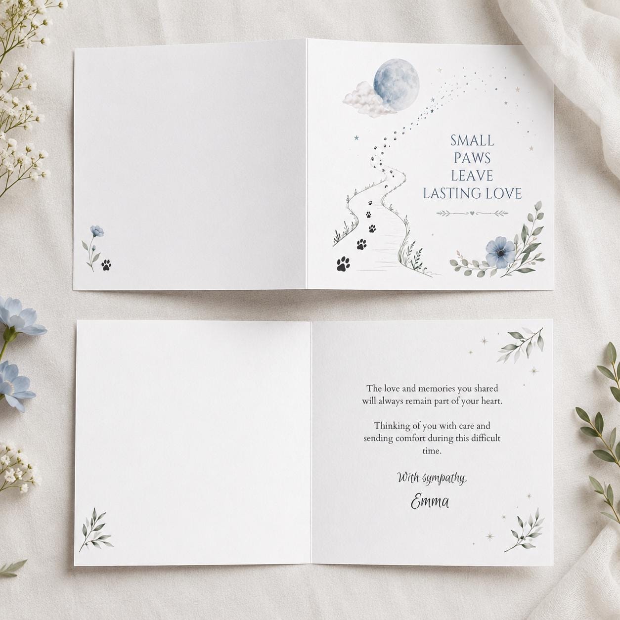 Pet Loss Sympathy Greeting Card, Paw Print Memorial for Dog or Cat, Blue Floral Printable Editable Card Canva Template - Image 3