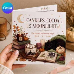Cozy Halloween Greeting Card, Black Cat Cocoa and Candles Printable, Autumn Moonlight Editable Card Canva Template