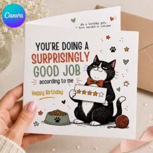 Funny Cat Birthday Greeting Card, Printable Card from the Cat for Cat Lover, Editable Folded Card Canva Template