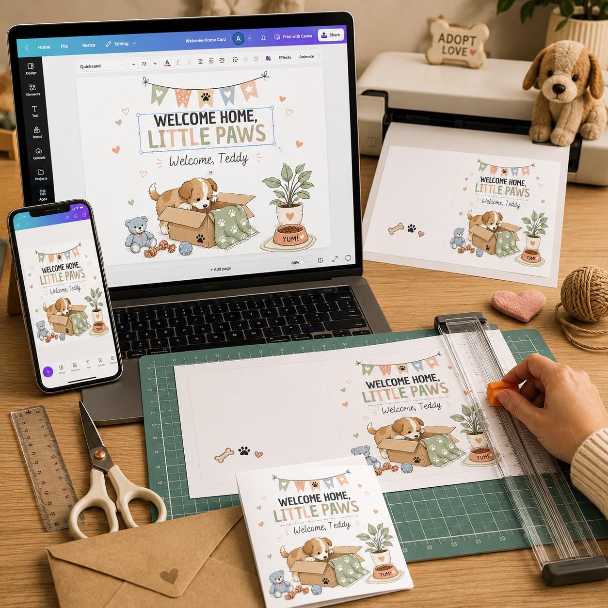 New Puppy Greeting Card, Welcome Home Little Paws Printable Dog Adoption Card, Editable Folded Card Canva Template - Image 5