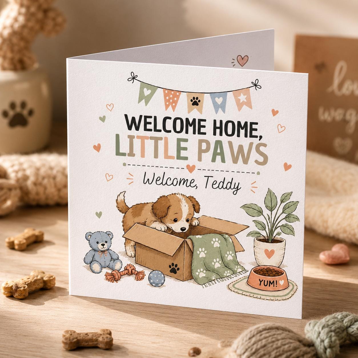 New Puppy Greeting Card, Welcome Home Little Paws Printable Dog Adoption Card, Editable Folded Card Canva Template - Image 6