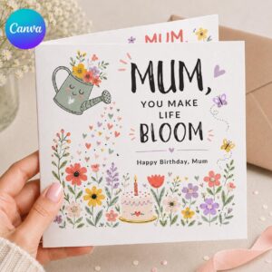 Mum Birthday Greeting Card, You Make Life Bloom Floral Printable Card, Editable Folded Card for Mum Canva Template