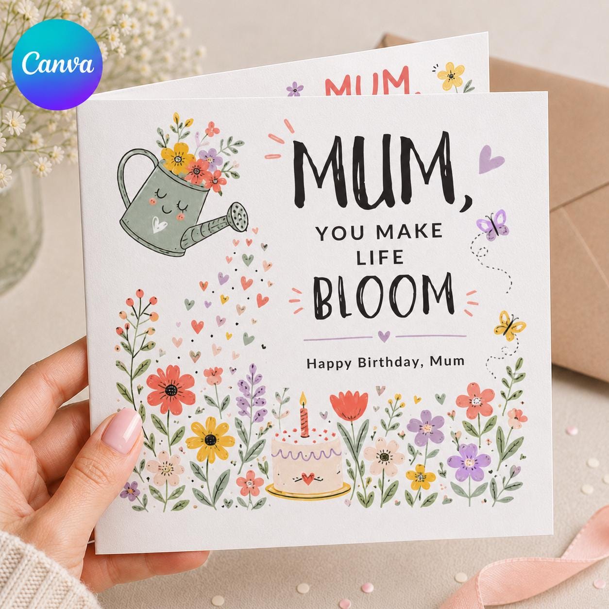 Mum Birthday Greeting Card, You Make Life Bloom Floral Printable Card, Editable Folded Card for Mum Canva Template