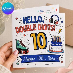10th Birthday Greeting Card, Hello Double Digits Printable for 10 Year Old Child, Colorful Editable Folded Card Canva Template